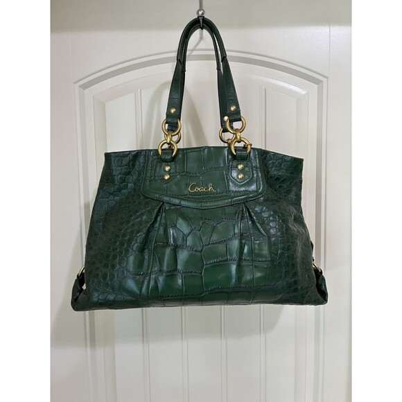 Coach  Ashley Green Croc Embossed Leather Carry All Tote Handbag Purse Bag - Picture 1 of 13